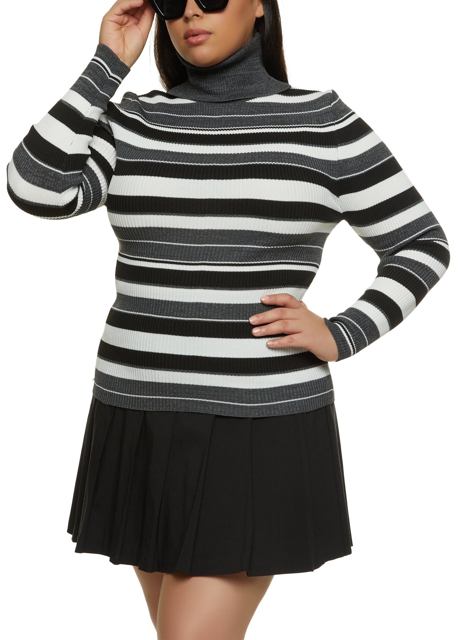 Plus Size Rib Knit Striped Turtleneck Top sold by Rainbow
