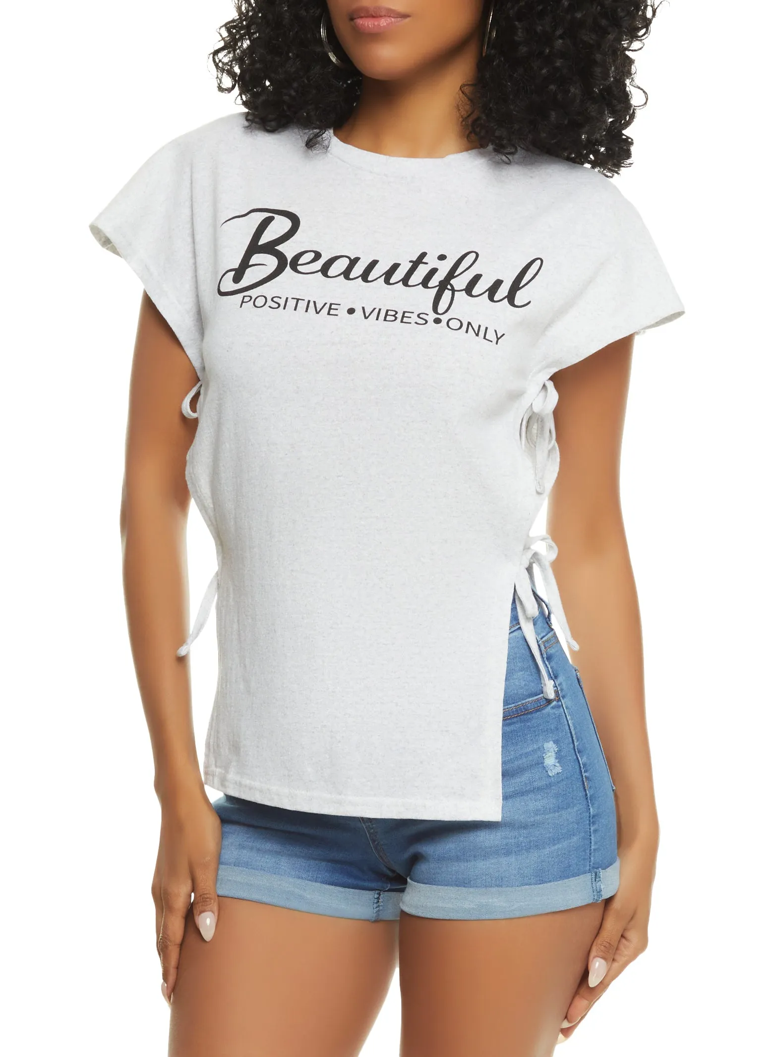 Beautiful Positive Vibes Only Side Tie Tee sold by Rainbow