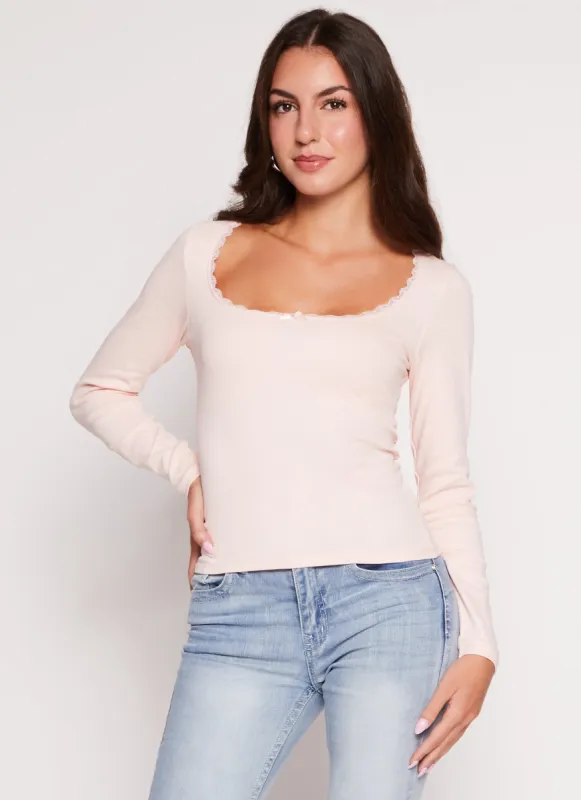 Lace Trim Scoop Neck Long Sleeve Top sold by Rainbow