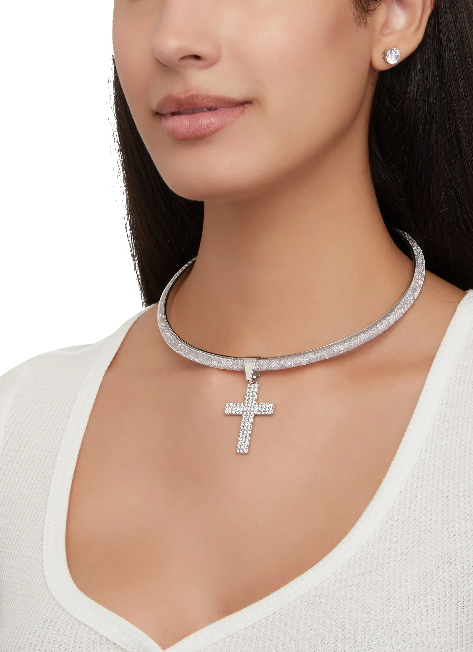 Rhinestone Cross Collar Necklace with Stud Earring Trio Set sold by Rainbow product image thumbnail 2