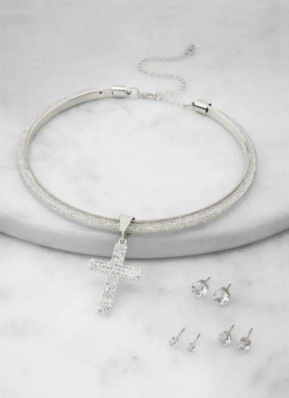 Rhinestone Cross Collar Necklace with Stud Earring Trio Set sold by Rainbow