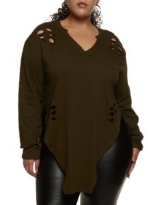 Plus Size Notch Neck Hanky Hem Tee sold by Rainbow