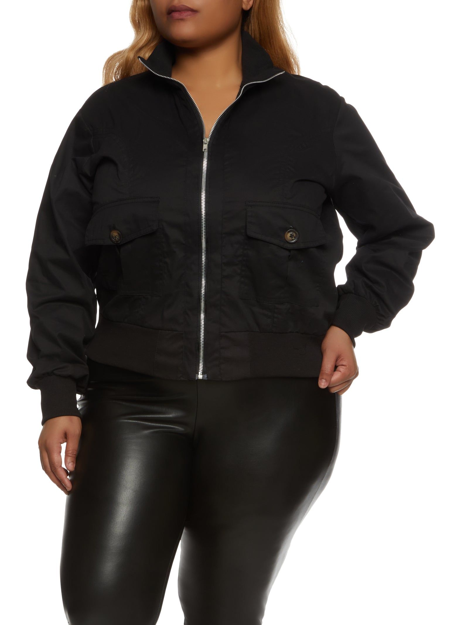 Plus Size Ribbed Trim Twill Bomber Jacket sold by Rainbow
