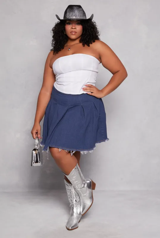 Plus Size Daisy Denim Frayed Hem Pleated Skirt sold by Rainbow