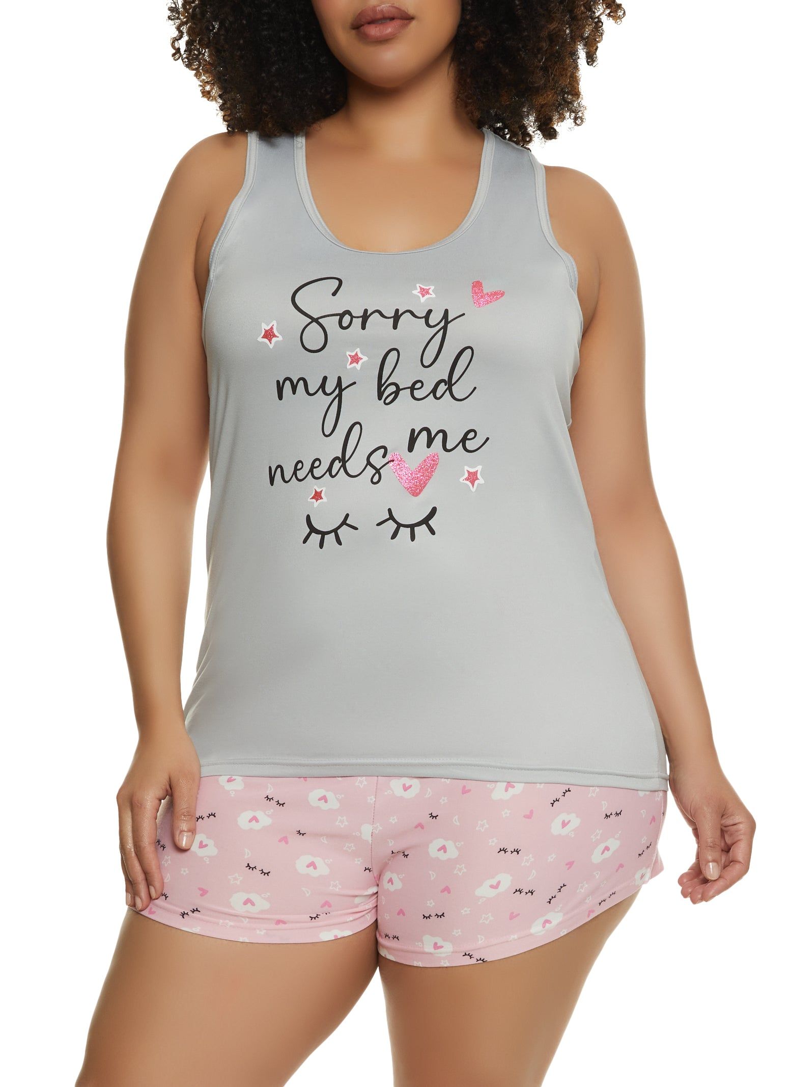 Plus Size My Bed Needs Me Pajama Tank Top and Shorts sold by Rainbow