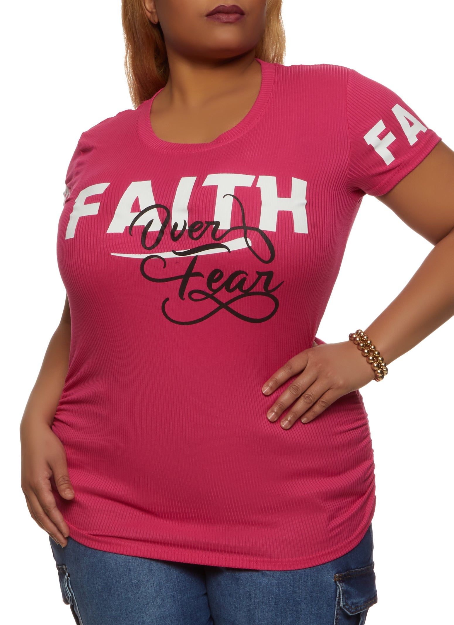 Plus Size Faith Over Fear Ruched Graphic Tee sold by Rainbow
