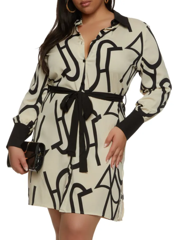 Plus Size Abstract Print Belted Shirt Dress sold by Rainbow
