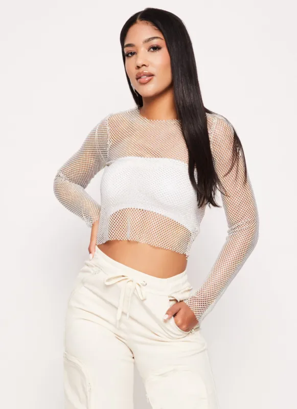 Long Sleeve Rhinestone Fishnet Top sold by Rainbow