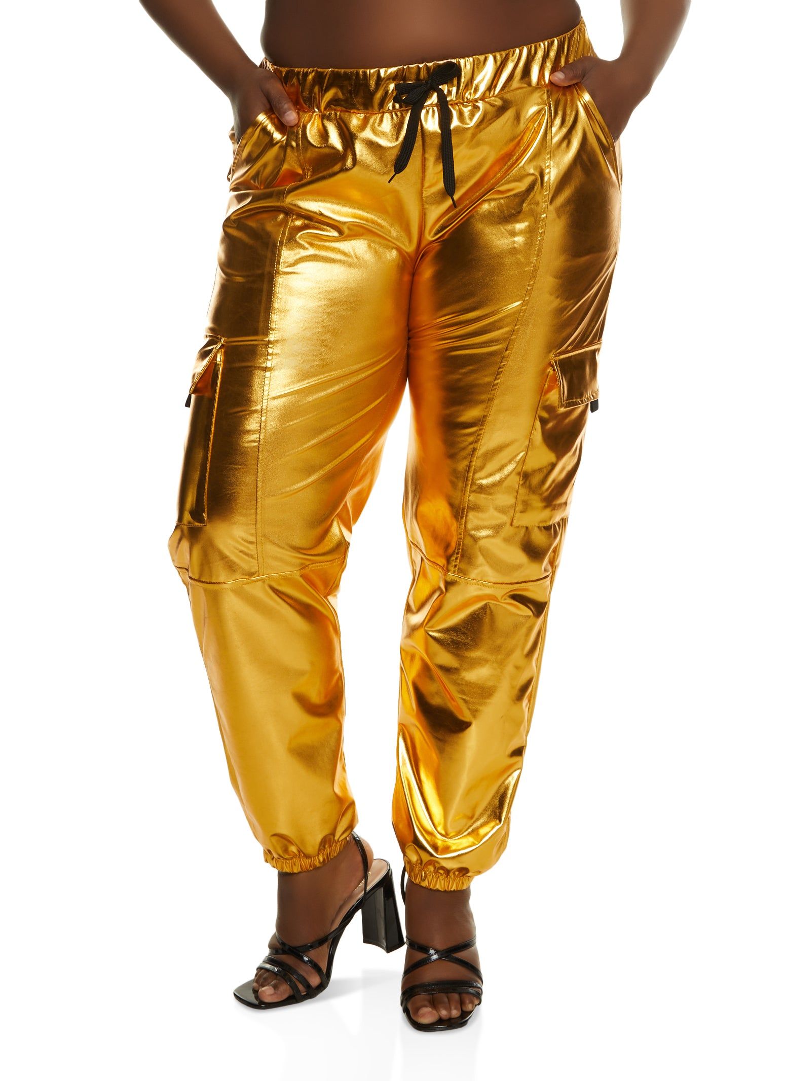 Plus Size Metallic Foil Drawstring Cargo Joggers sold by Rainbow