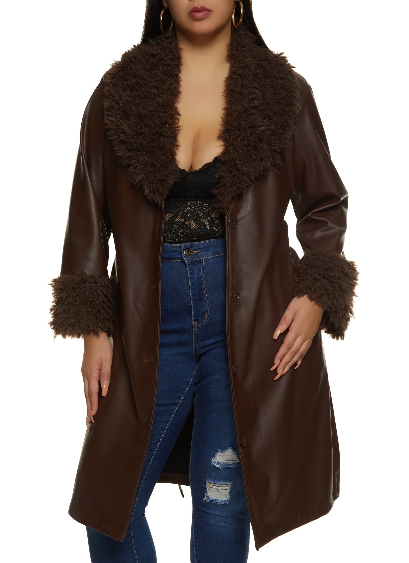 Plus Size Faux Fur Trim Belted Trench Coat sold by Rainbow