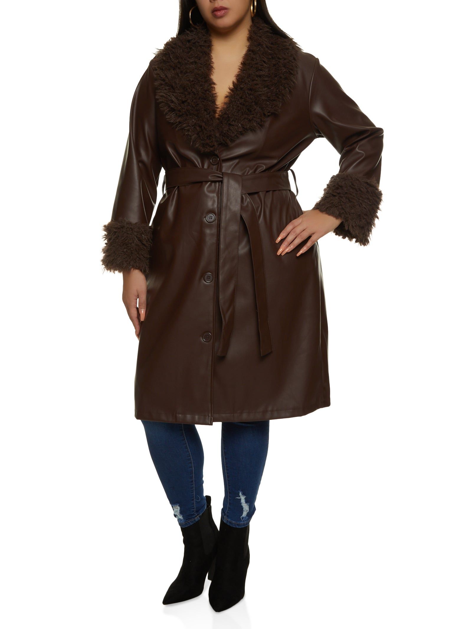 Plus Size Faux Fur Trim Belted Trench Coat sold by Rainbow product image thumbnail 2