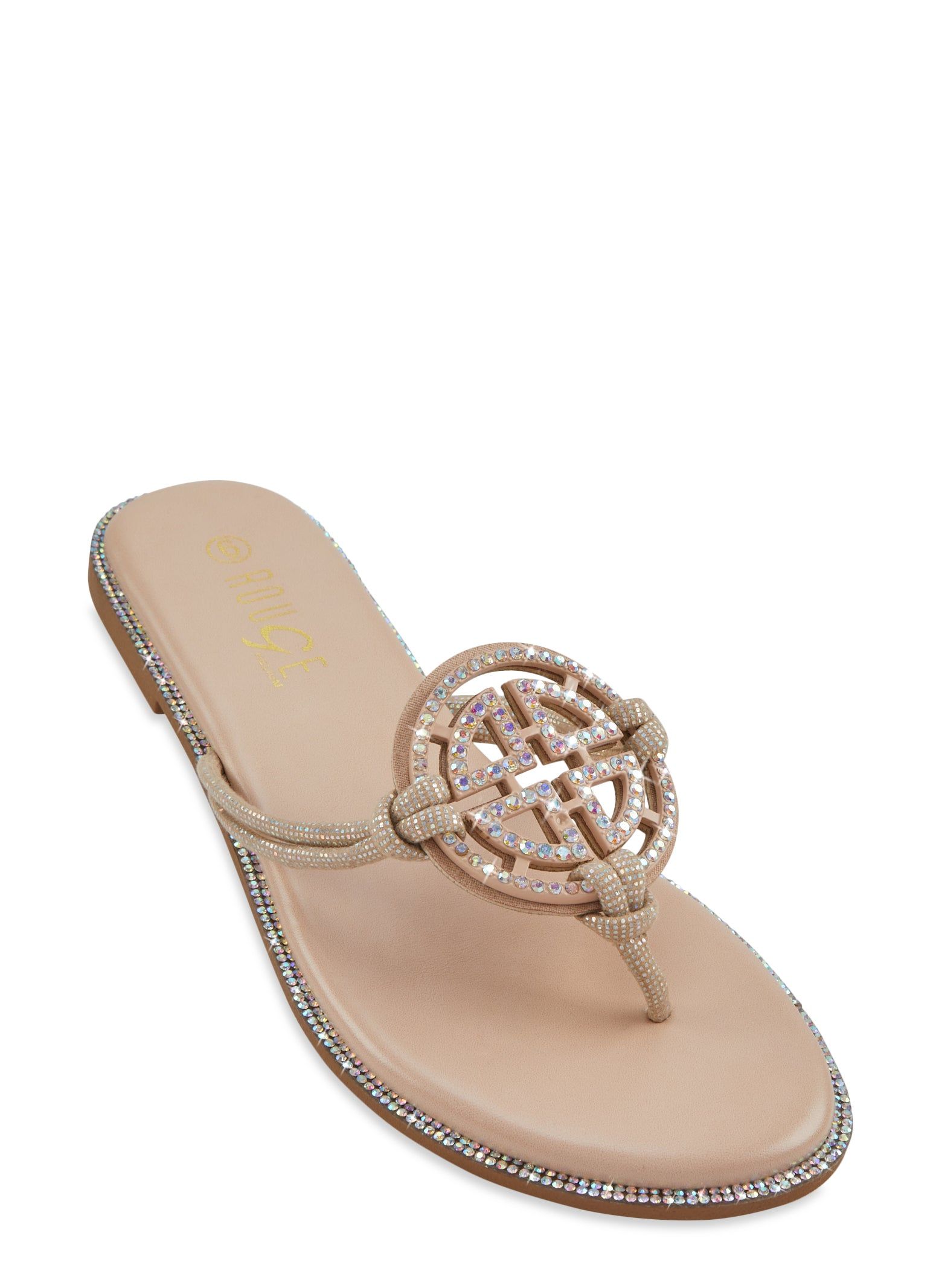 Rhinestone Trim Geo Pendant Thong Slide Sandals sold by Rainbow