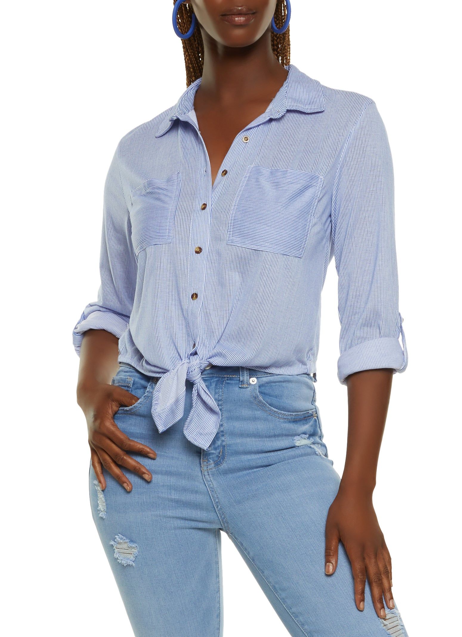 Button Front Tabbed Sleeve Tie Front Shirt sold by Rainbow