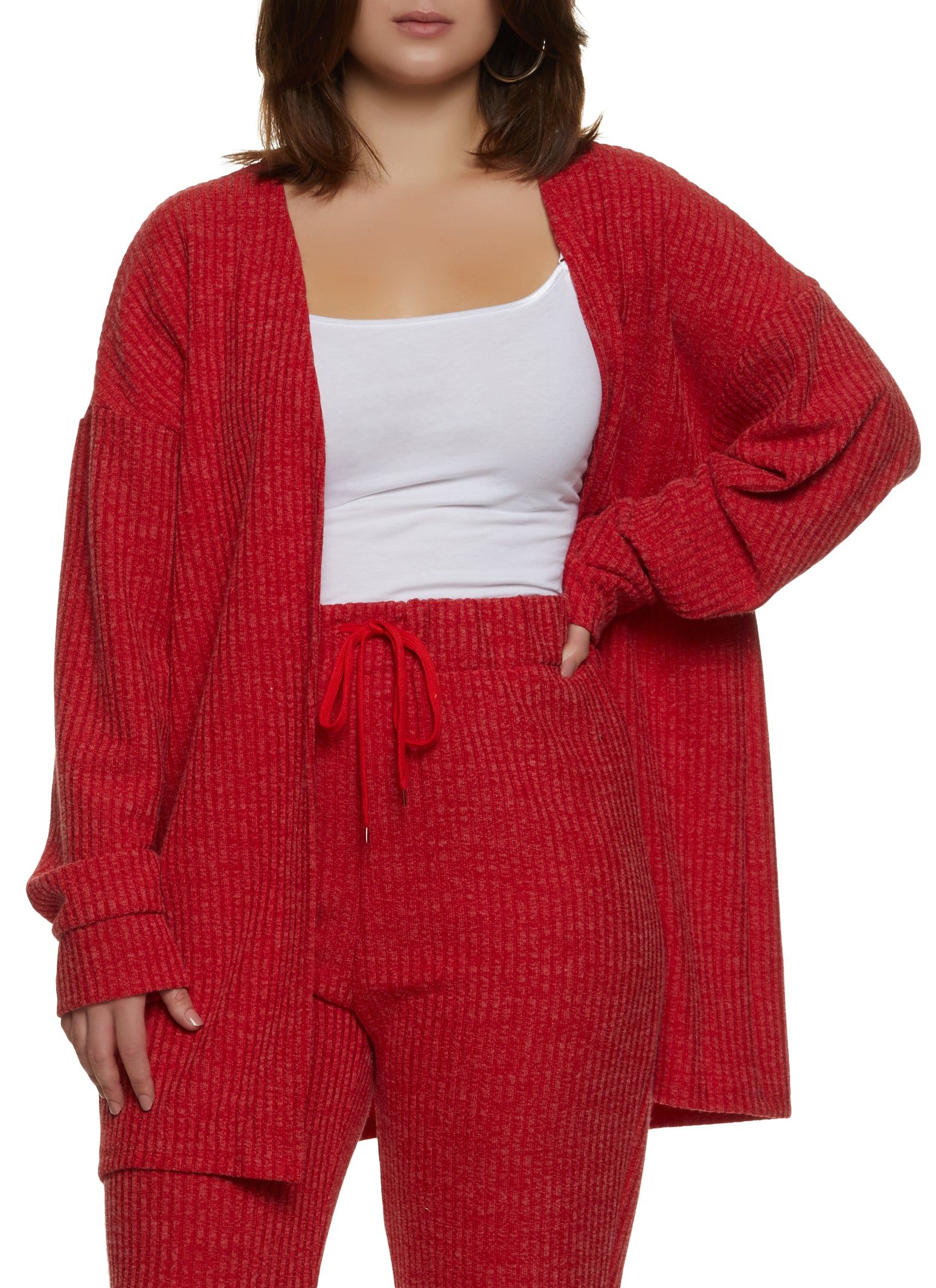 Plus Size Ribbed Drop Shoulder Open Front Cardigan sold by Rainbow