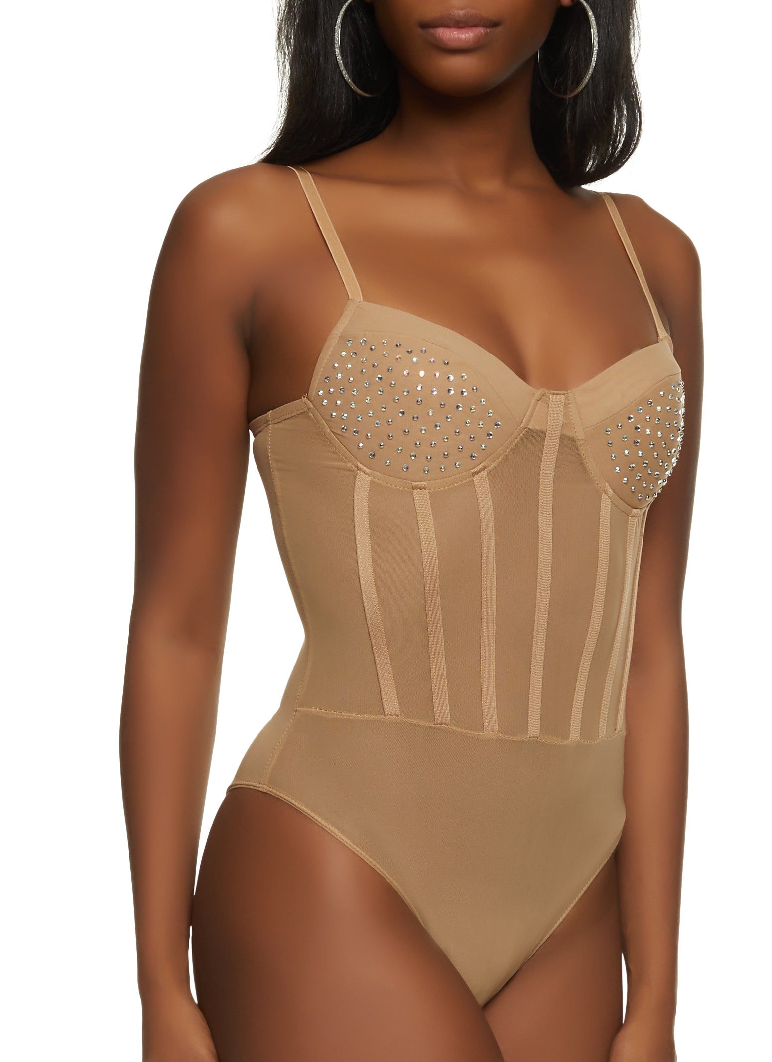 Mesh Rhinestone Detail Bustier Cami Bodysuit sold by Rainbow