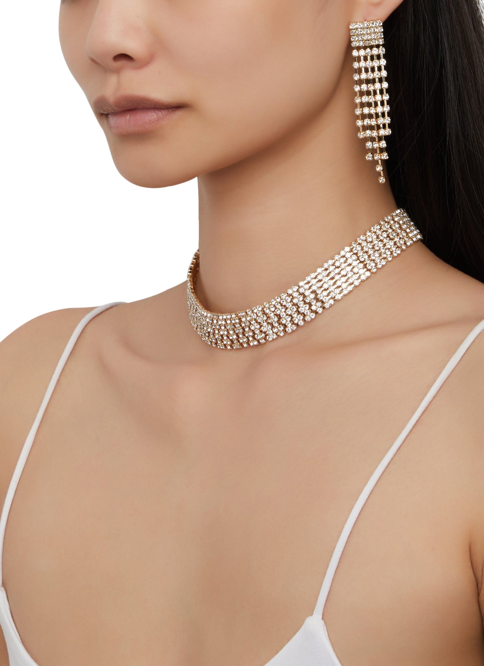 Rhinestone Choker Necklace and Fringe Tassel Earrings Set sold by Rainbow