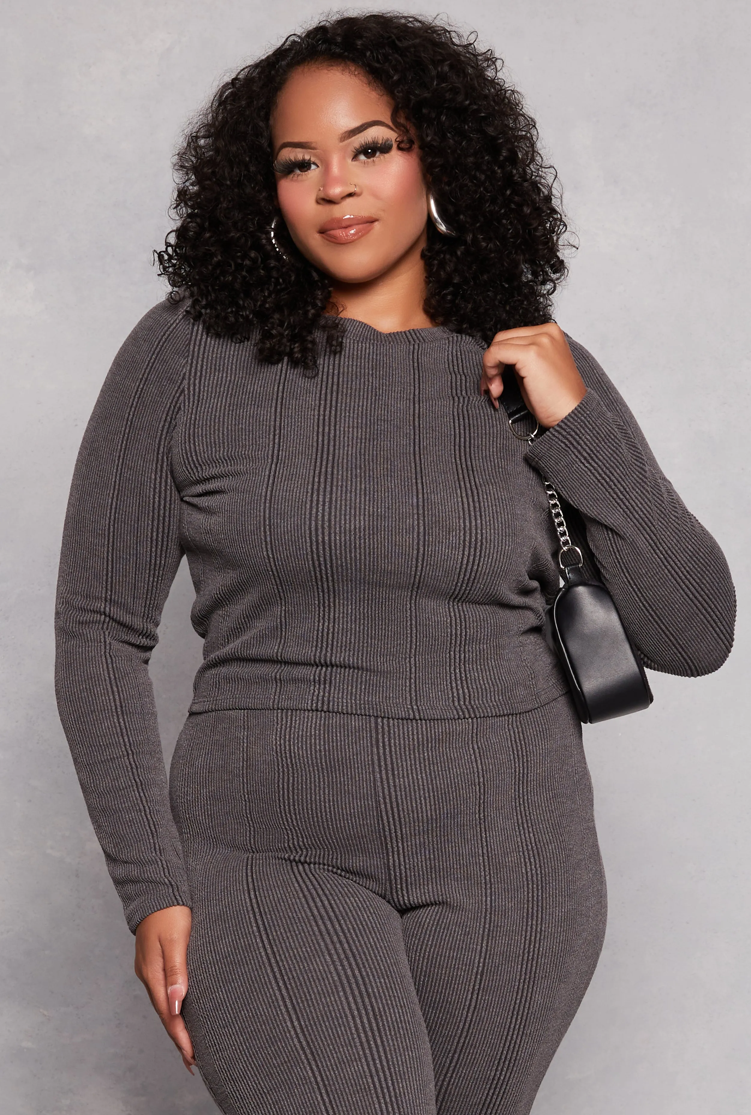 Plus Size Ribbed Crew Neck Long Sleeve Top sold by Rainbow
