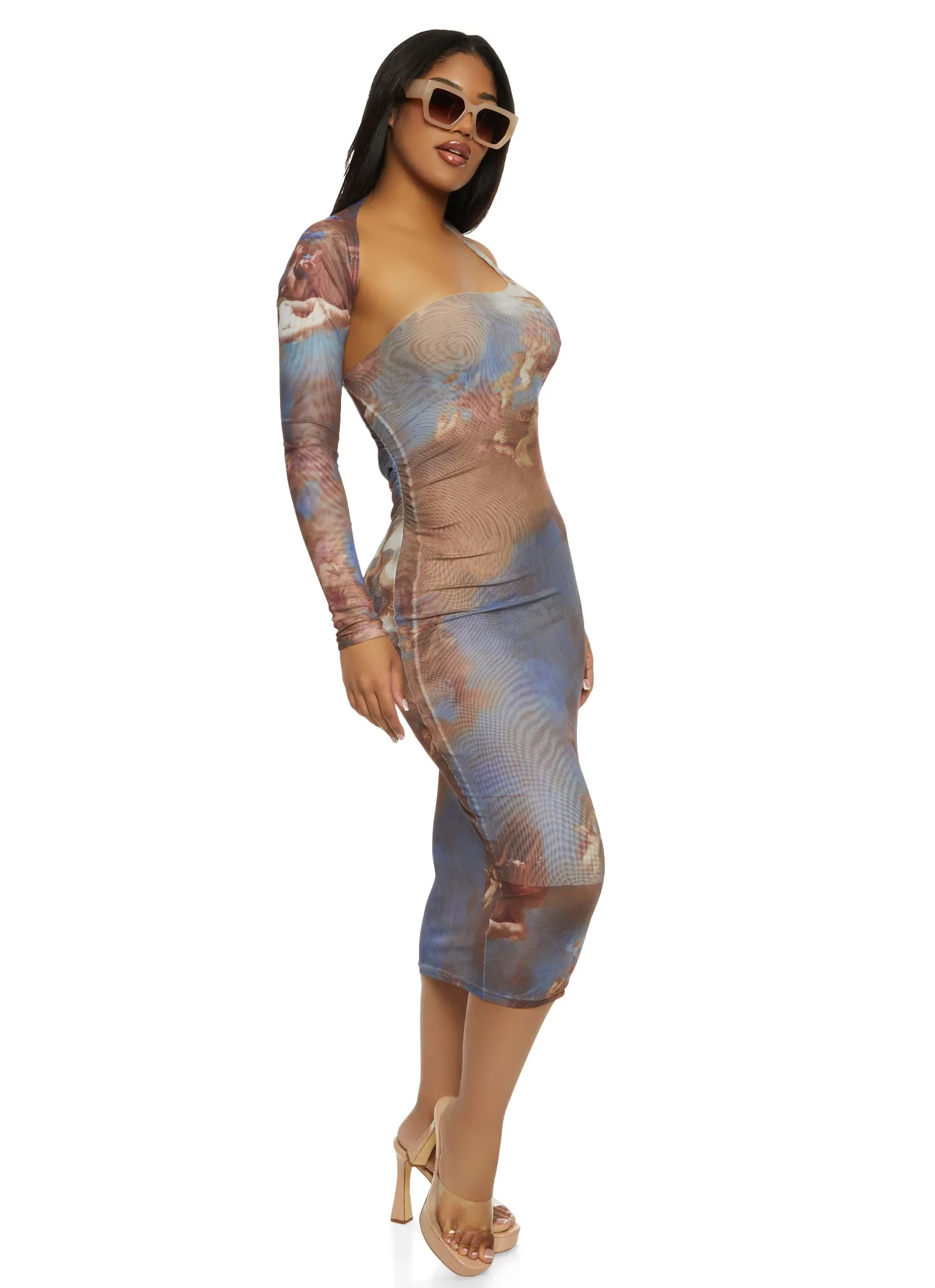 Printed Mesh One Shoulder Midi Dress sold by Rainbow