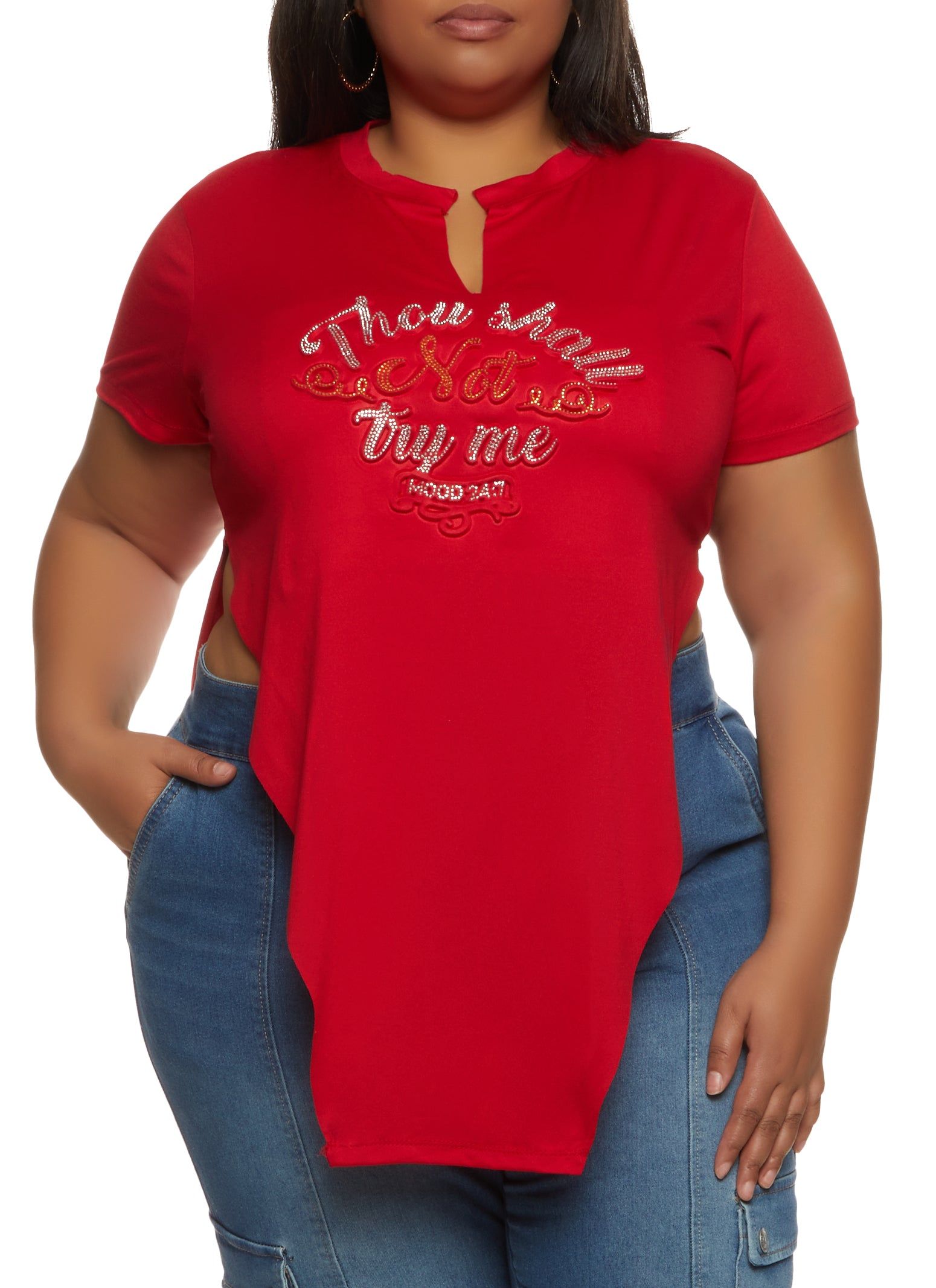 Plus Size Thou Shall Not Try Me Rhinestone Tunic Top sold by Rainbow