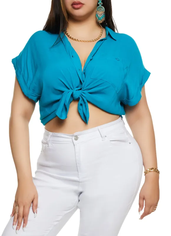 Plus Size Button Front Cuffed Sleeve Shirt sold by Rainbow