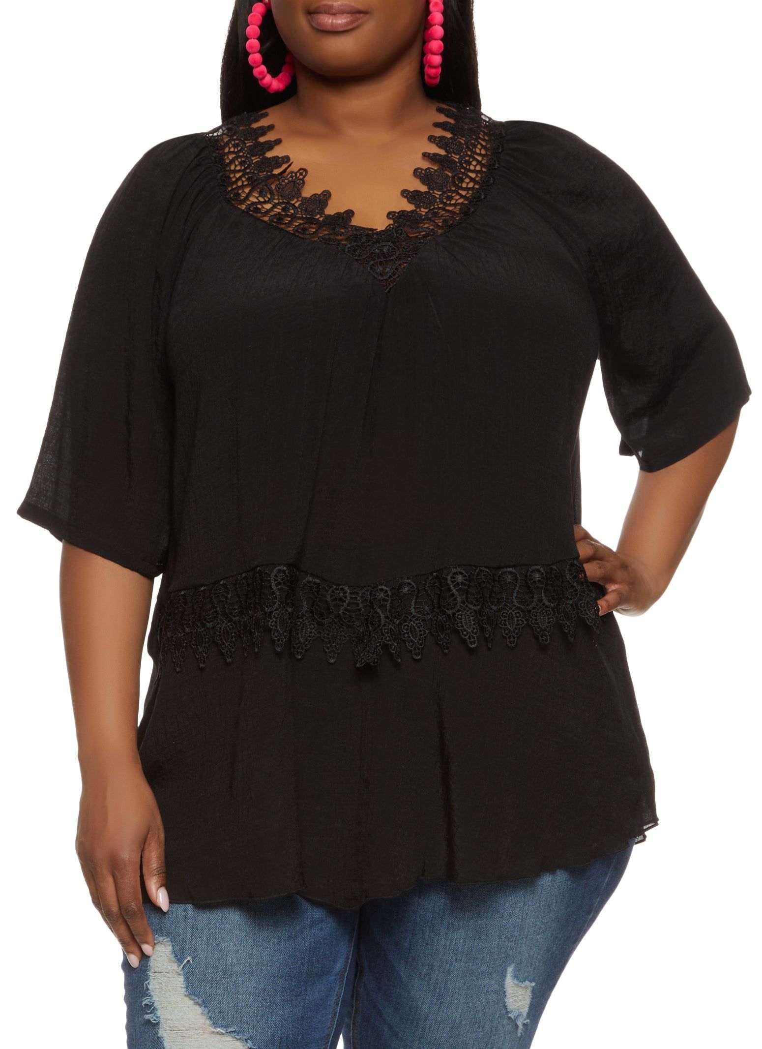 Plus Size Gauze Knit Crochet Lace Trim Blouse sold by Rainbow