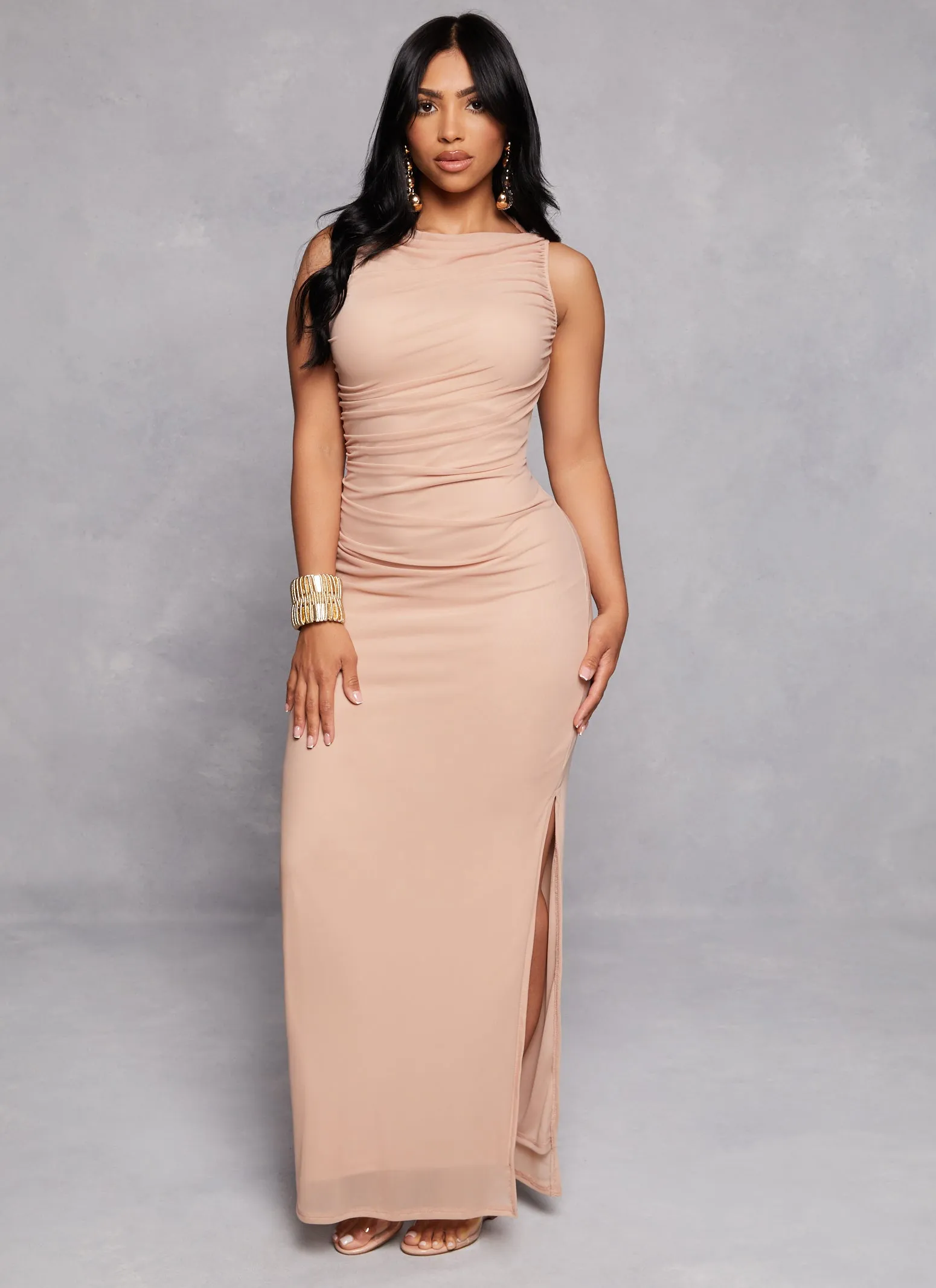 Haute Monde Mesh High Cowl Neck Side Slit Maxi Dress sold by Rainbow product image thumbnail 2