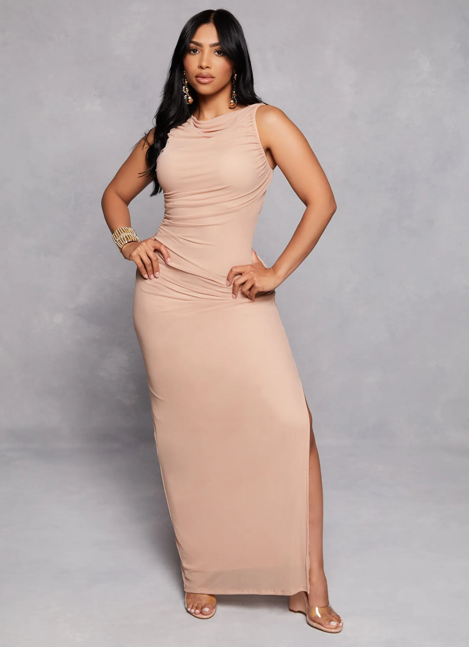 Haute Monde Mesh High Cowl Neck Side Slit Maxi Dress sold by Rainbow