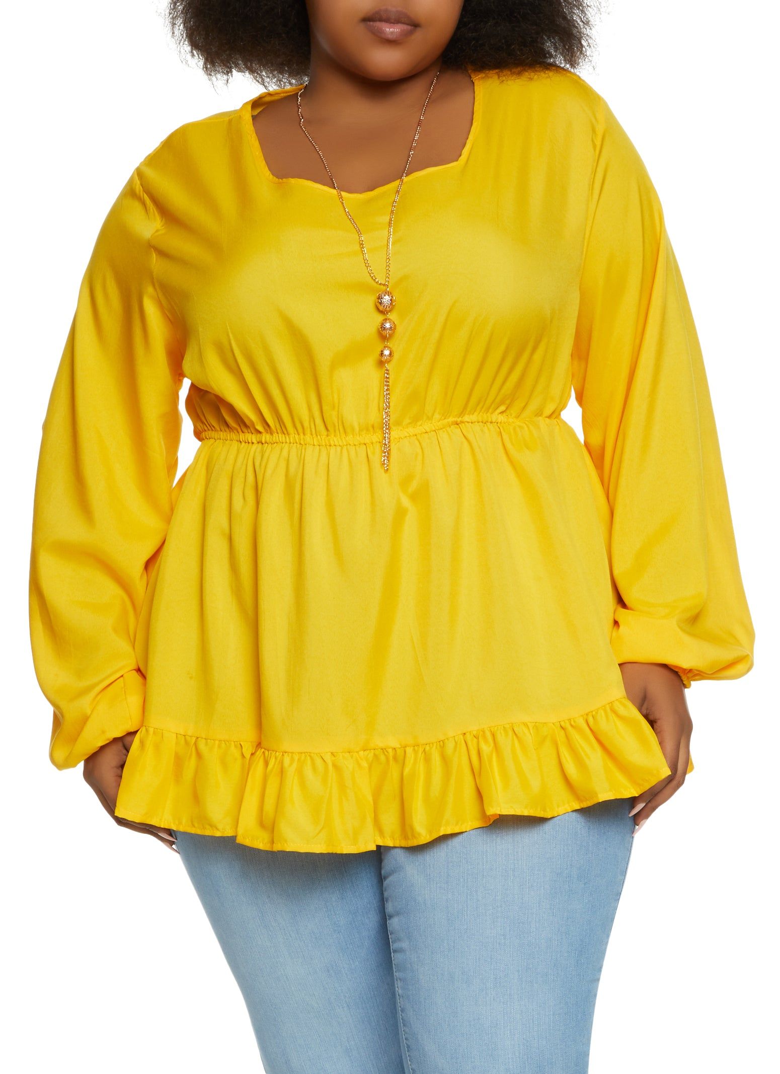 Plus Size Ruffle Trim Peplum Blouse with Necklace sold by Rainbow