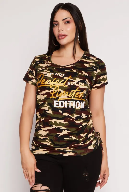 Plus Size Camo Im Not Perfect Ruched Graphic T Shirt sold by Rainbow