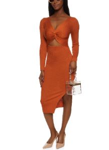 Ribbed Twist Front Cut Out Midi Dress sold by Rainbow