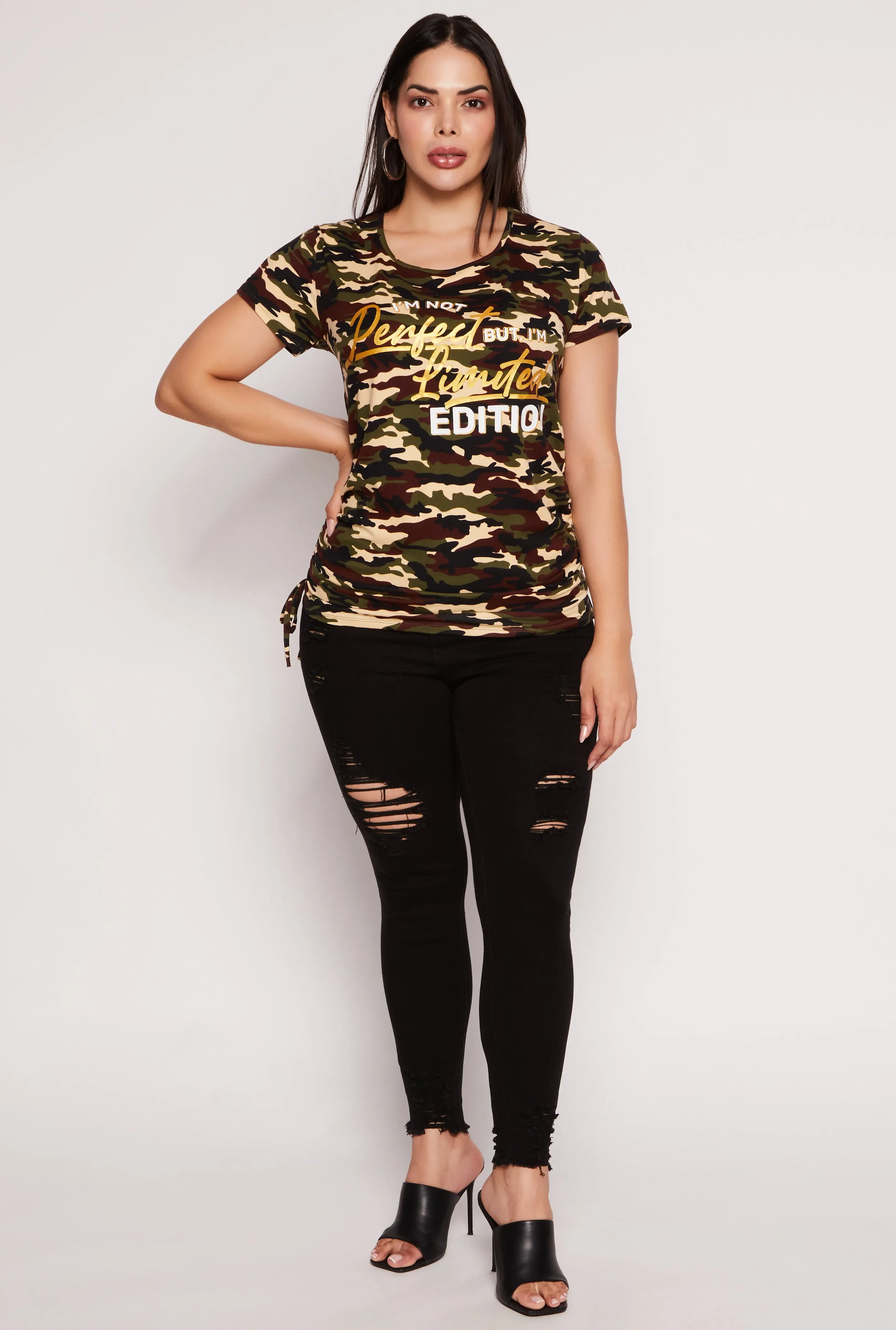 Plus Size Camo Im Not Perfect Ruched Graphic T Shirt sold by Rainbow product image thumbnail 2