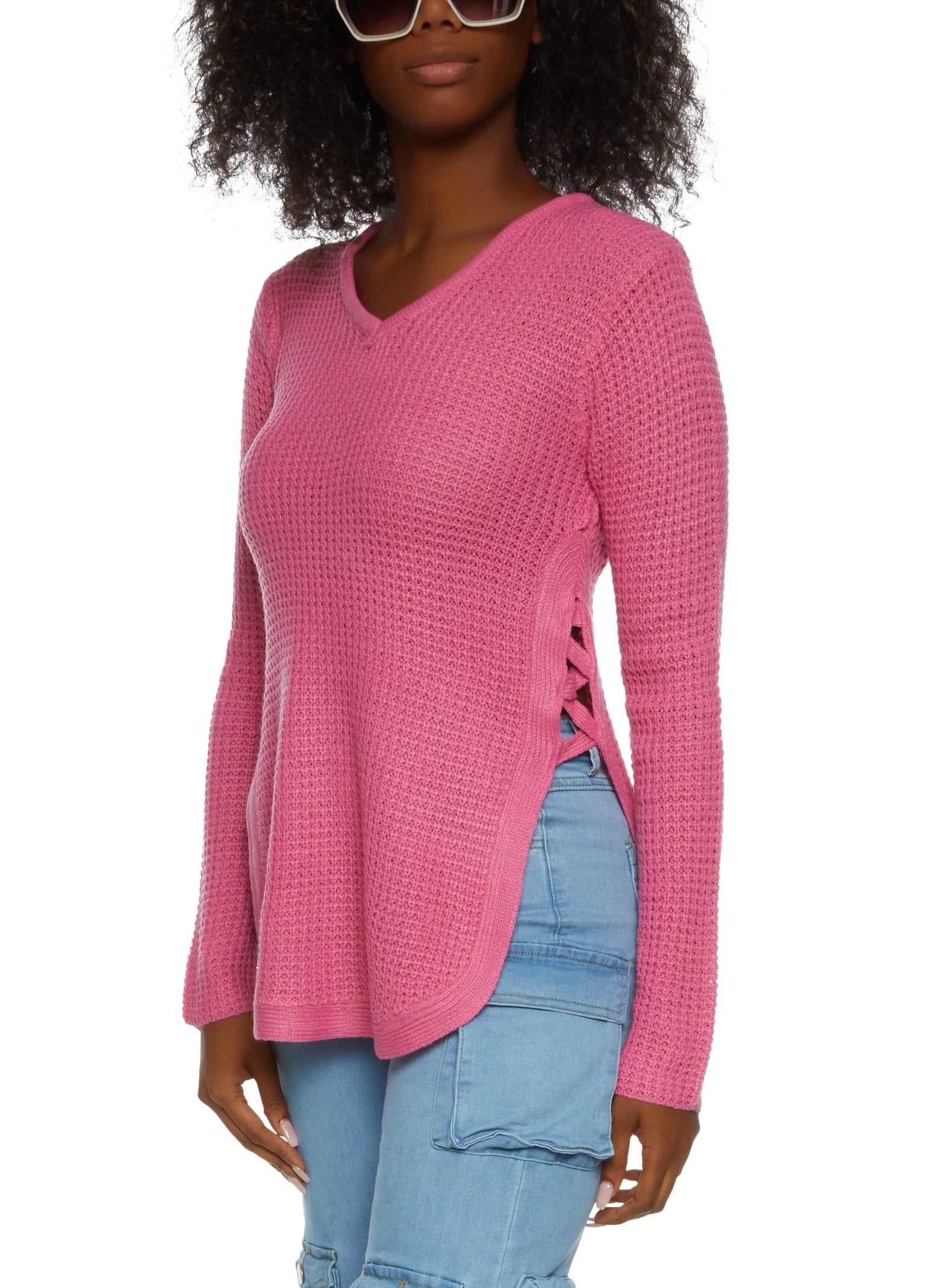 Caged Side Slit Tunic Sweater sold by Rainbow