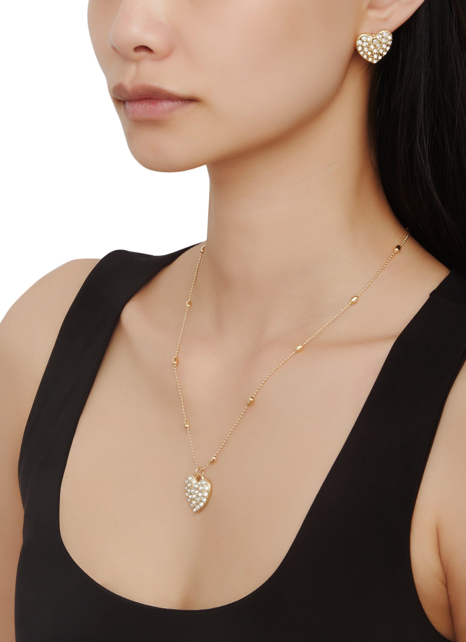 Pave Rhinestone Heart Necklace and Stud Earrings sold by Rainbow