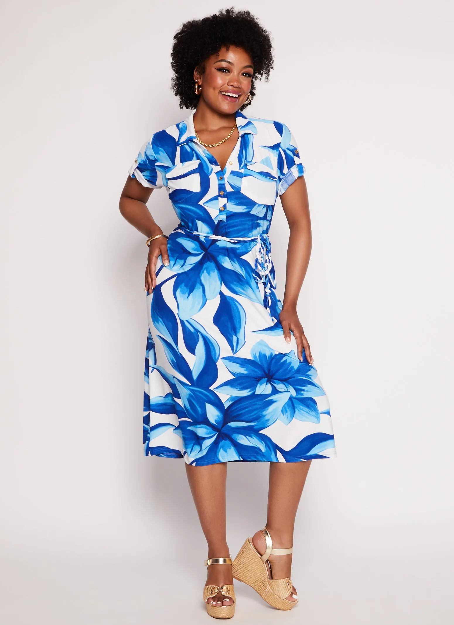 Plus Size Floral Print Tie Waist Belted Shirt Dress sold by Rainbow product image thumbnail 2