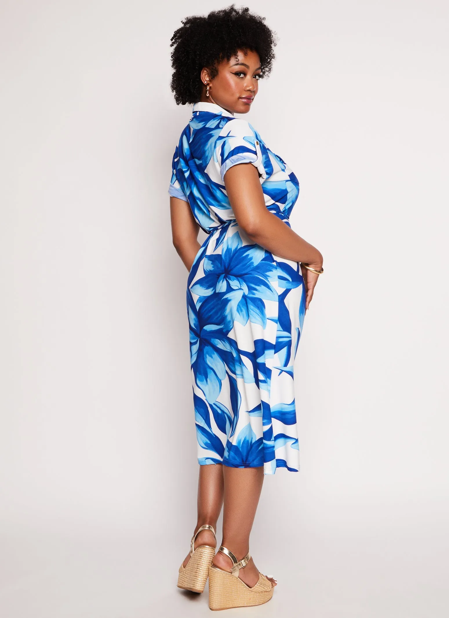 Plus Size Floral Print Tie Waist Belted Shirt Dress sold by Rainbow product image thumbnail 3