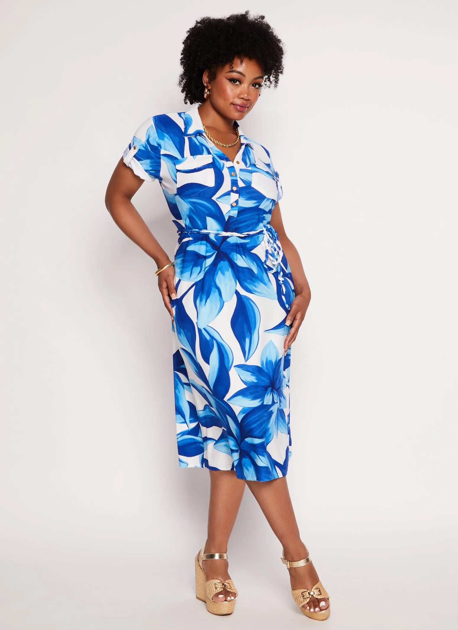 Plus Size Floral Print Tie Waist Belted Shirt Dress sold by Rainbow