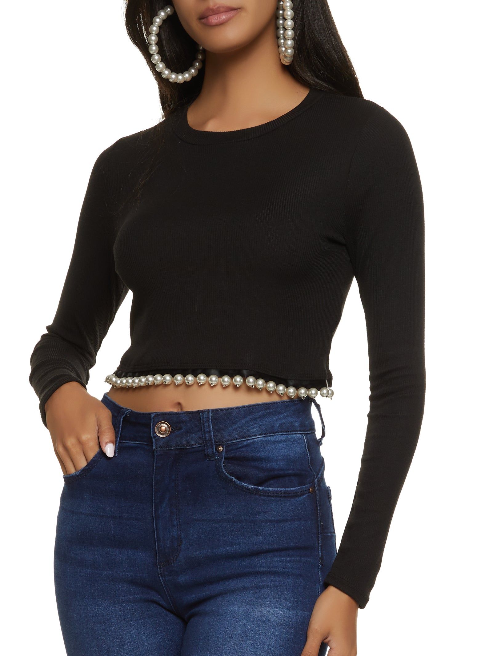 Ribbed Faux Pearl Trim Crop Top sold by Rainbow