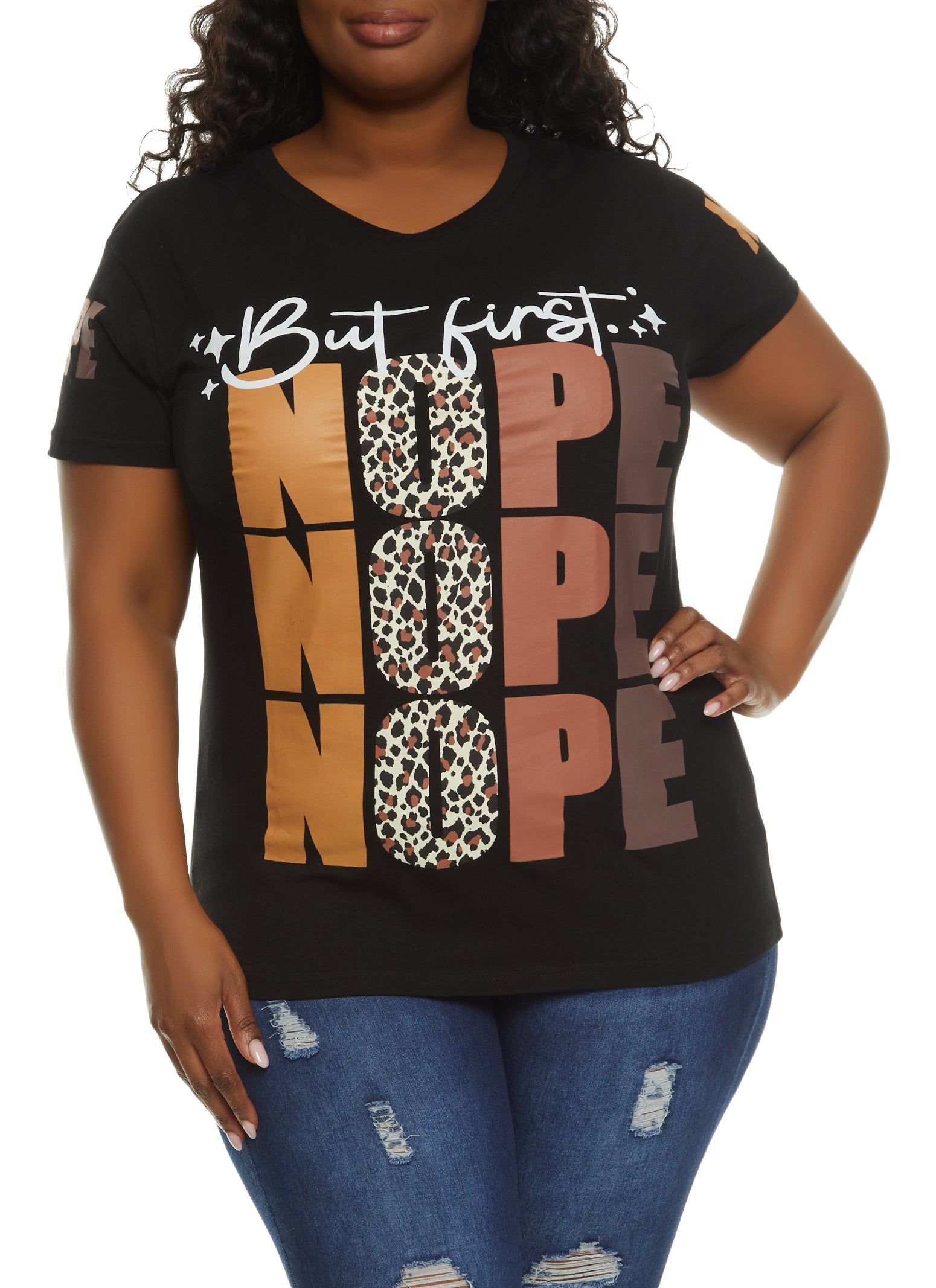 Plus Size But First Nope Graphic Tee sold by Rainbow