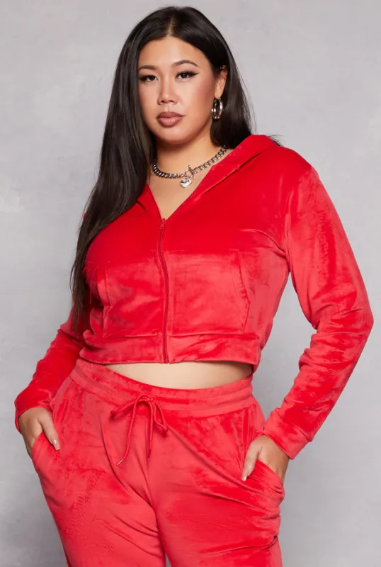 Plus Size Velour Zip Front Cropped Hoodie sold by Rainbow