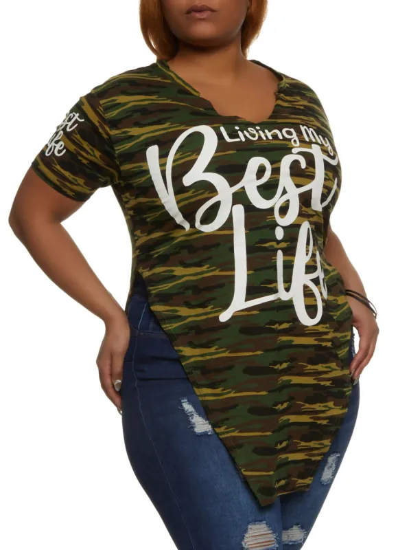 Plus Size Camo Living My Best Life Hanky Hem Graphic Tee sold by Rainbow