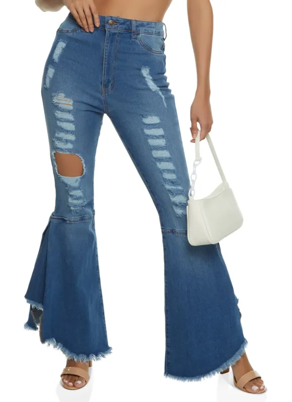 Highway Frayed Trim Ripped Bell Bottom Jeans sold by Rainbow
