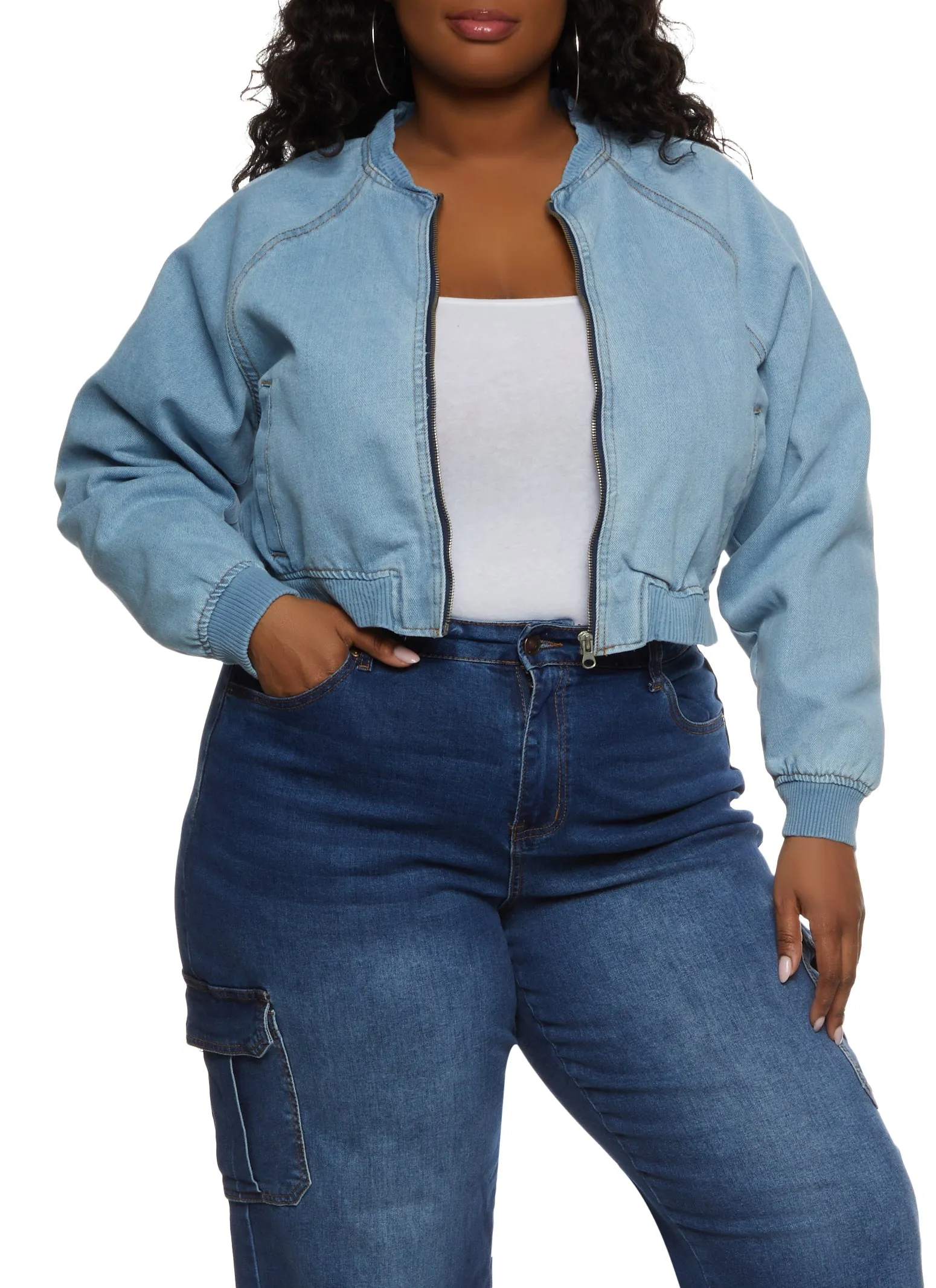 Plus Size Cropped Zip Front Denim Bomber Jacket sold by Rainbow