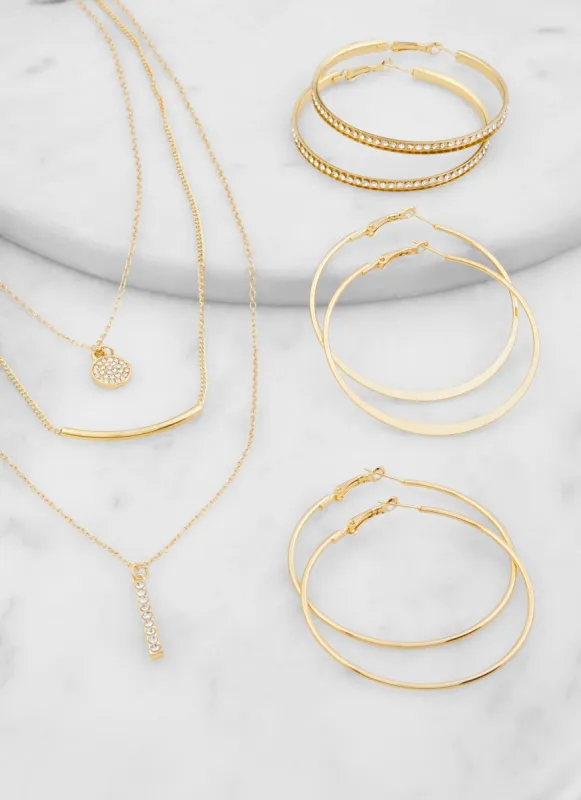Rhinestone Layered Chain Necklace and Hoop Earrings Trio sold by Rainbow