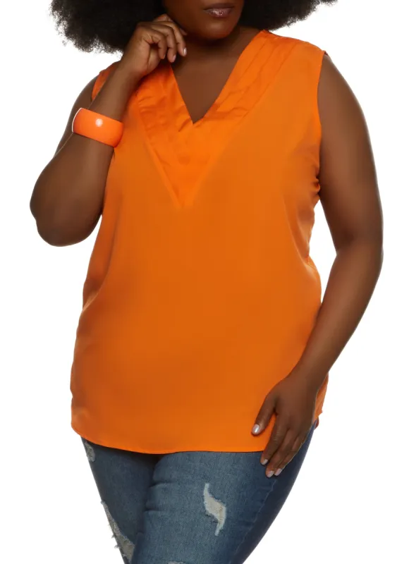 Plus Size Sleeveless Pleated V Neck Blouse sold by Rainbow