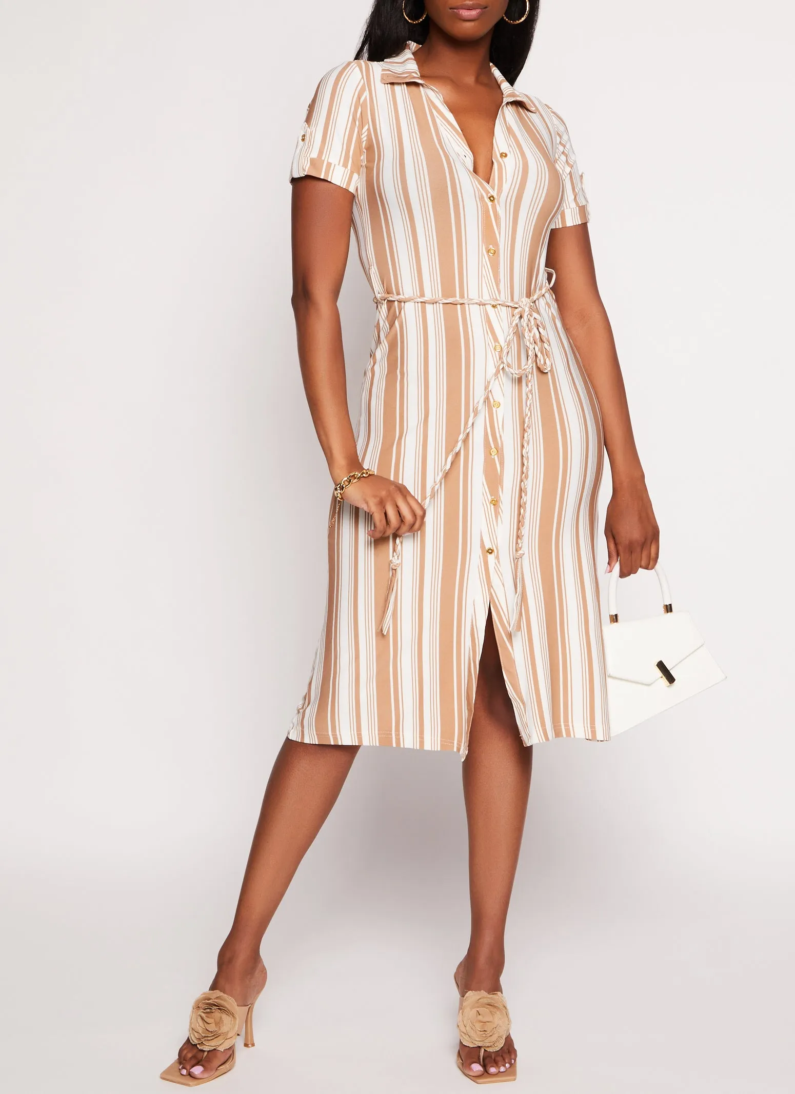 Tie Waist Belted Midi Shirt Dress sold by Rainbow