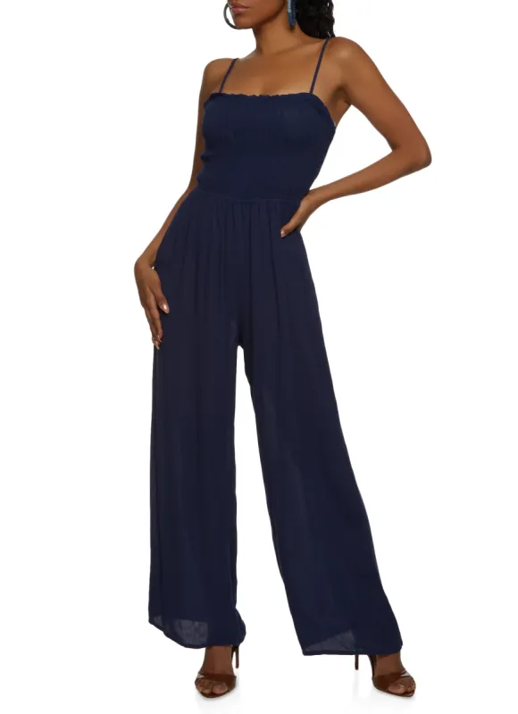 Gauze Knit Smocked Cut Out Back Cami Jumpsuit sold by Rainbow
