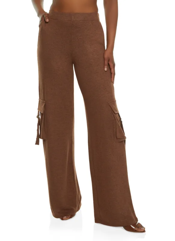 Brushed Knit Wide Leg Cargo Pocket Pants sold by Rainbow