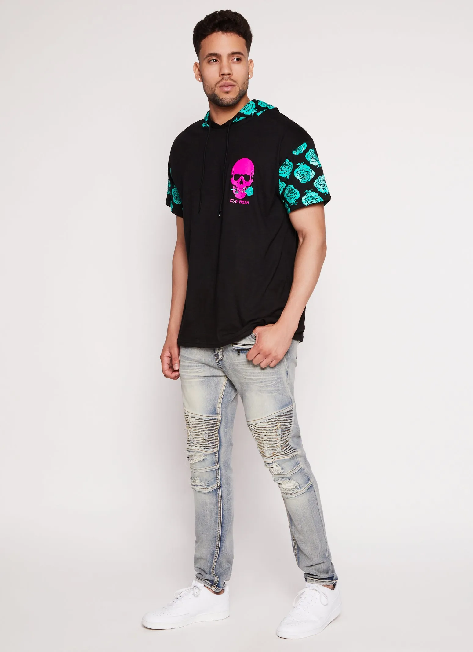 Mens Acid Wash Distressed Moto Skinny Jeans sold by Rainbow