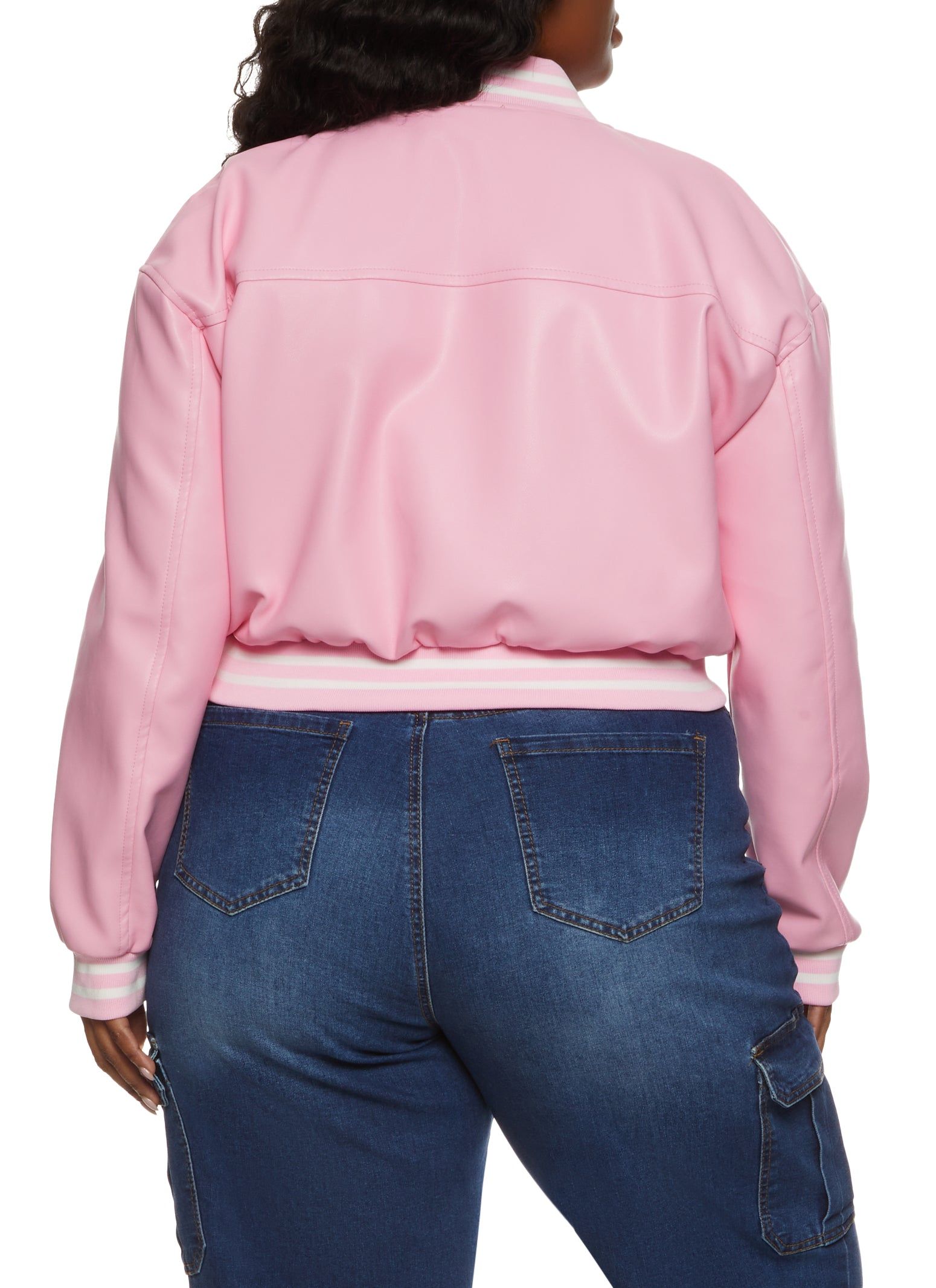 Plus Size Faux Leather Cropped Varsity Bomber Jacket sold by Rainbow product image thumbnail 3