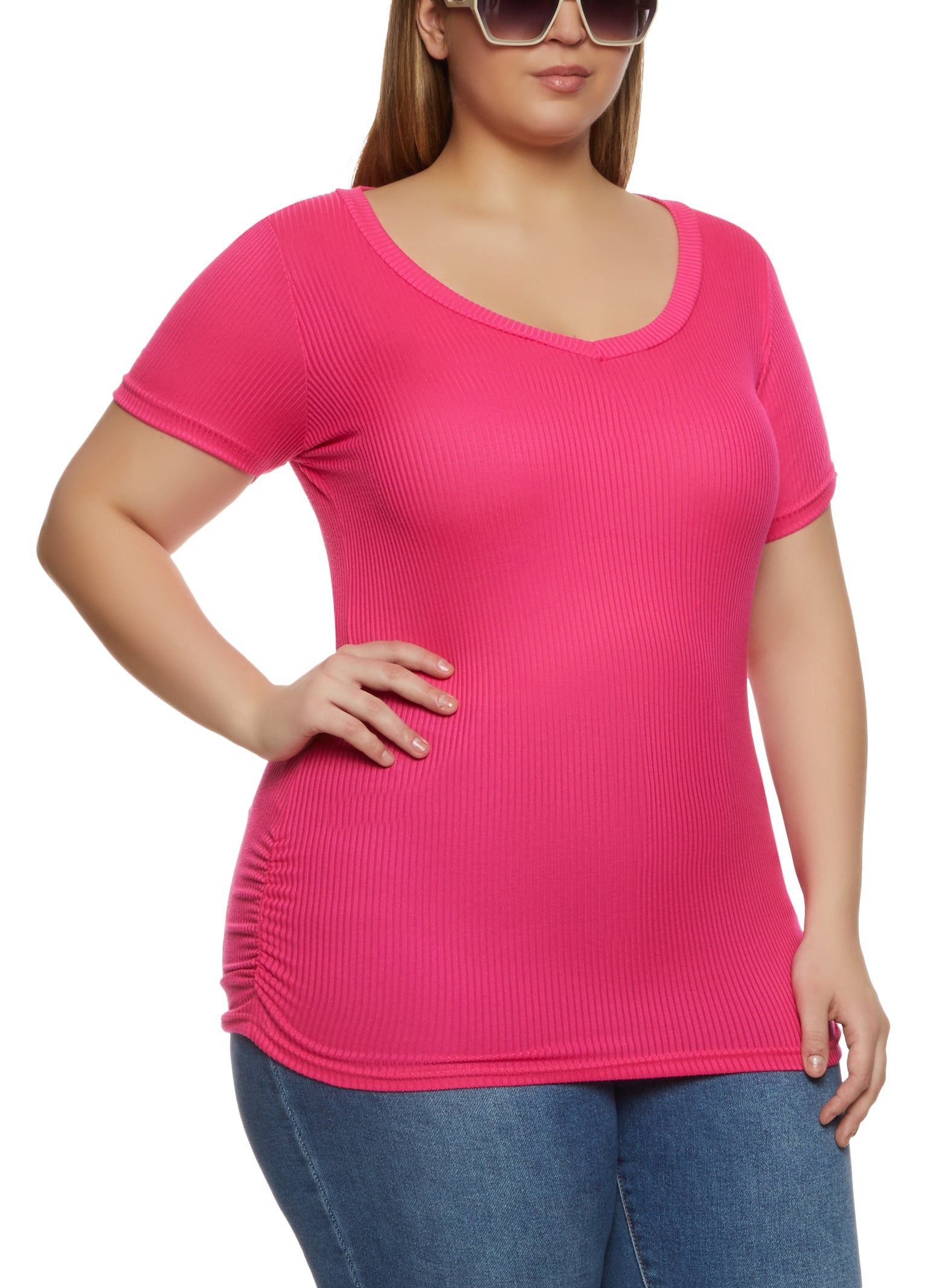 Plus Size Rib Knit Ruched Side V Neck Tee sold by Rainbow